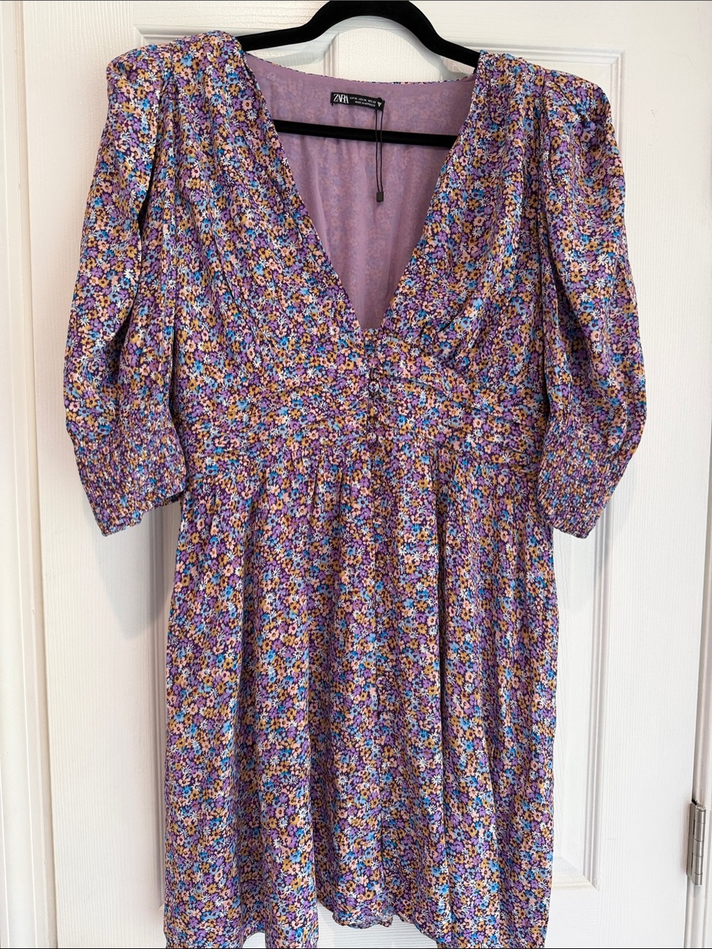 Zara Purple Multi Floral V-Neck Puff Sleeve Mini Dress NWOT Size XL
